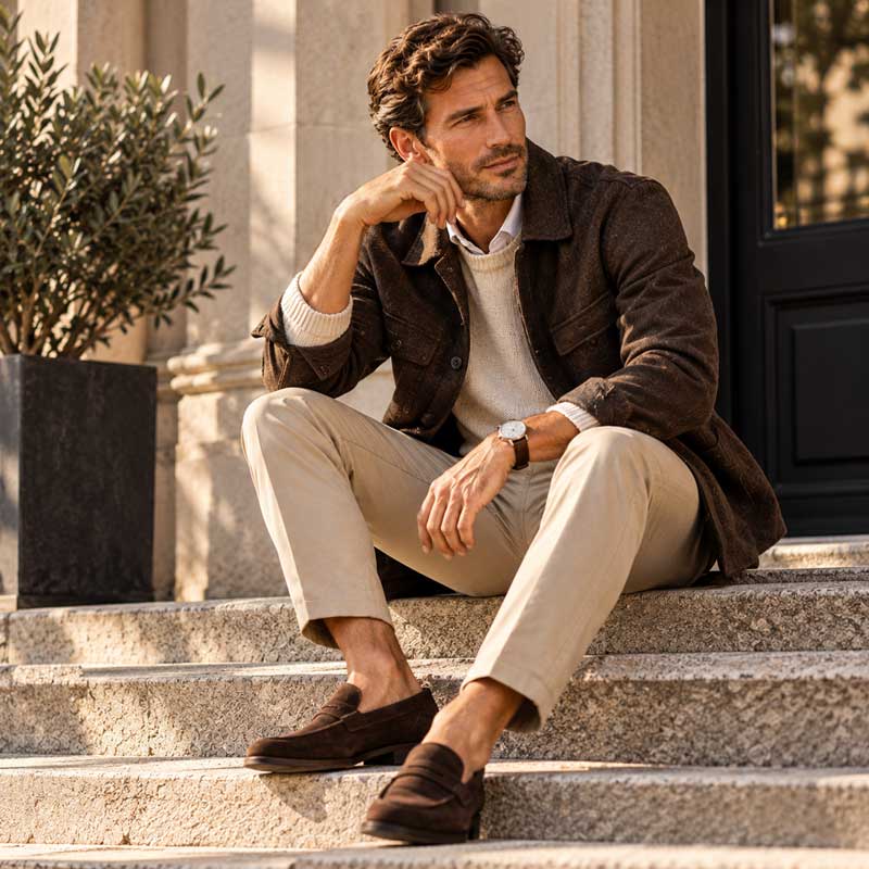 Mand i smart casual outfit med overshirt, chinos og loafers