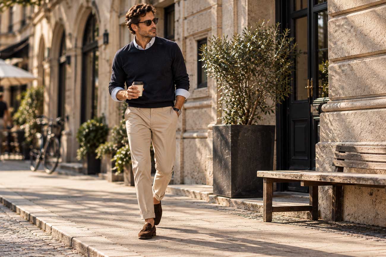 Mand i smart casual outfit med overshirt, chinos og loafers